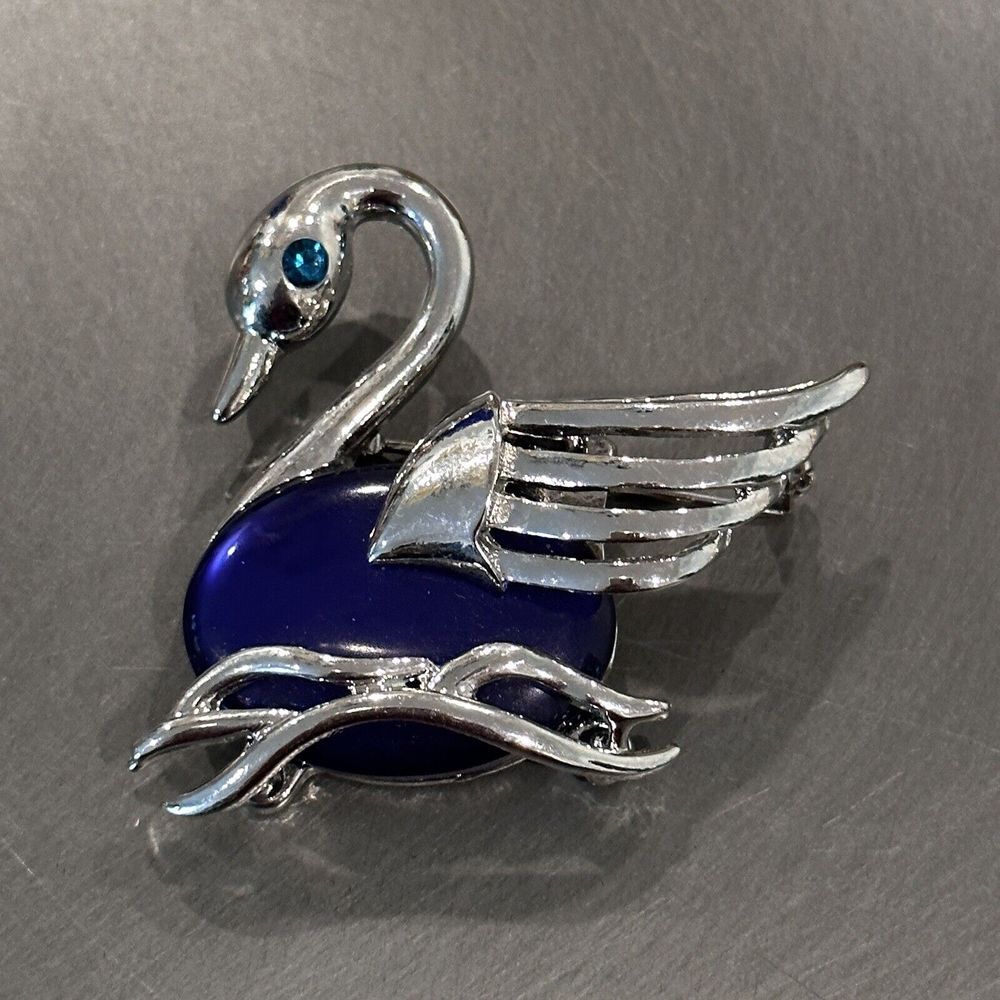 Vintage Roman Brooch Pin 2 Inch Blue Jelly Belly Silver Tone Swan Signed Bird